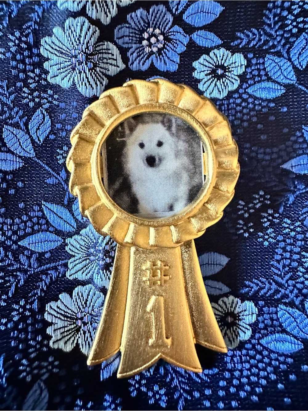 Gold Ribbon Rosette Brooch with Photo Center